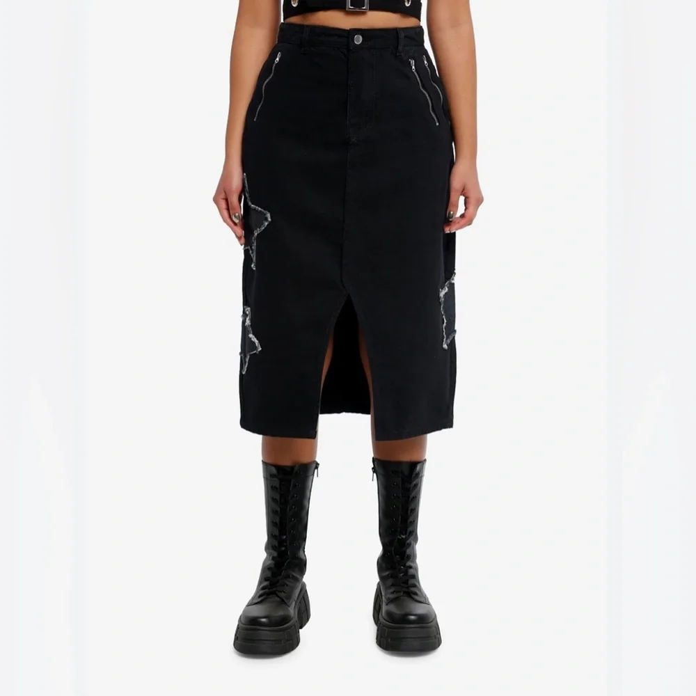 NWT Daisy Street by Hot Topic Star Patchwork Midi Denim Skirt in Black.Size M - Picture 2 of 15